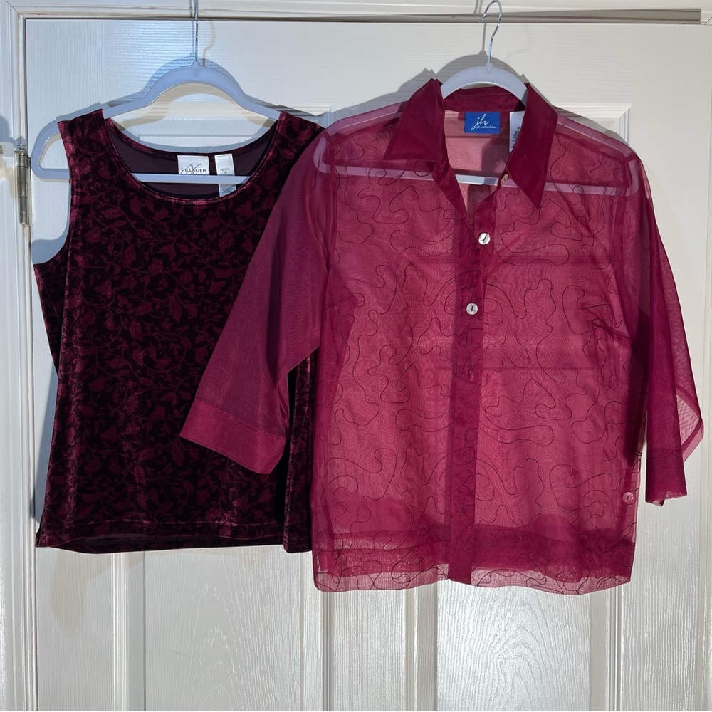 100% Silk sheer top, 3/4 sleeve, embroidery, and free matching velvet feel shell